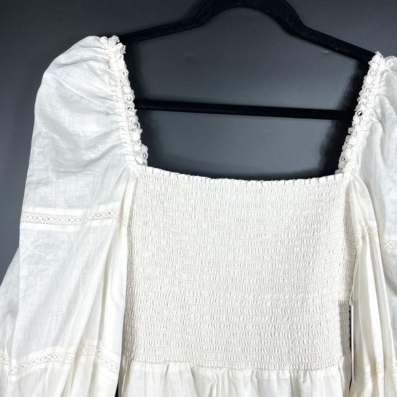 New Reformation Dunes Dress Cream Puff Long Sleeve Smocked Square Neck Mini Sz 4 - Picture 9 of 16